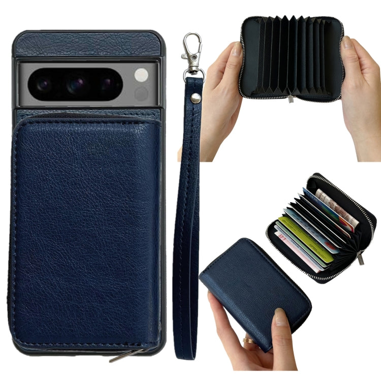 For Google Pixel 7 Solid Color Zipper 11-Card Slots Bag Phone Case with Lanyard(Blue) - Google Cases by PMC TechLife | Online Shopping South Africa | PMC TechLife | Buy Now Pay Later Mobicred