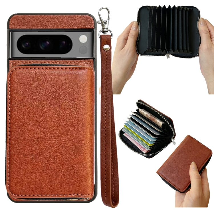 For Google Pixel 7 Solid Color Zipper 11-Card Slots Bag Phone Case with Lanyard(Brown) - Google Cases by PMC TechLife | Online Shopping South Africa | PMC TechLife | Buy Now Pay Later Mobicred