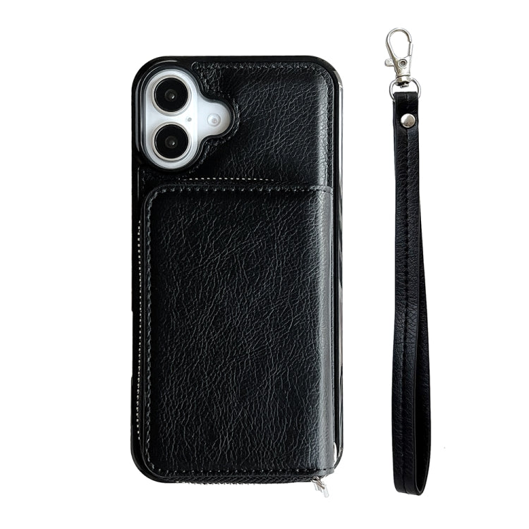 For iPhone 16 Plus Solid Color Zipper 11-Card Slots Bag Phone Case with Lanyard(Black) - free shipping - PMC Jewellery - Order now!