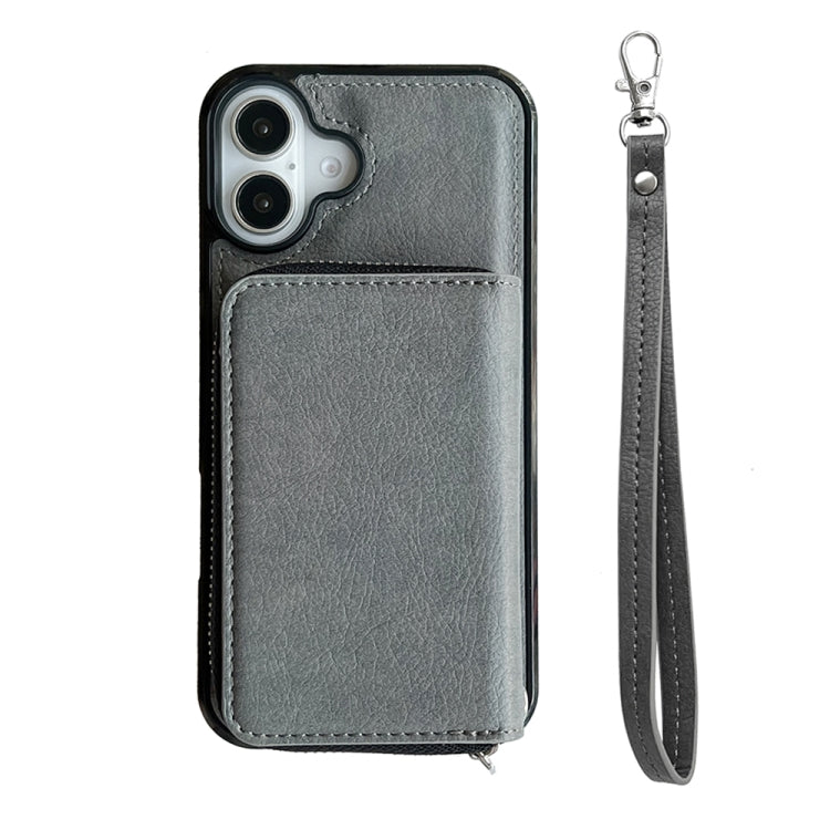 For iPhone 16 Solid Color Zipper 11-Card Slots Bag Phone Case with Lanyard(Grey) - iPhone 16 Cases by PMC Jewellery | Online Shopping South Africa | PMC Jewellery | Buy Now Pay Later Mobicred