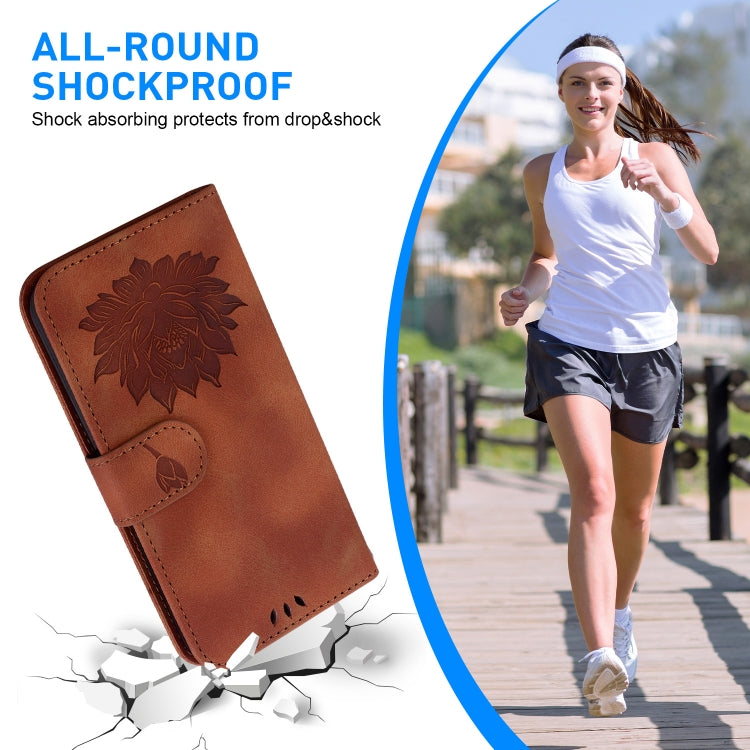 For iPhone 16e Lotus Embossed Leather Phone Case(Brown) - iPhone 16e Cases by PMC TechLife | Online Shopping South Africa | PMC TechLife | Buy Now Pay Later Mobicred