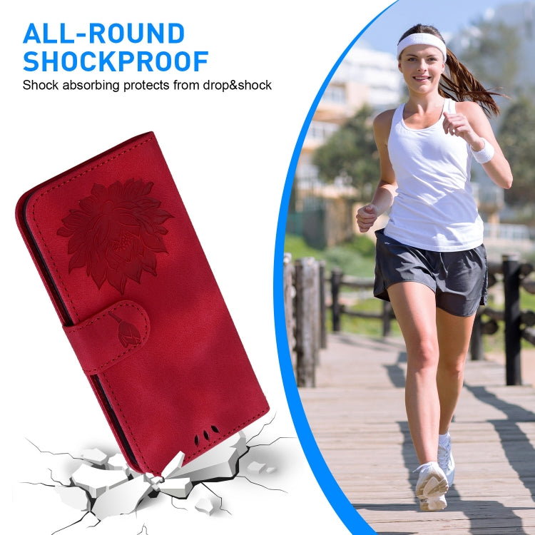 For iPhone 16e Lotus Embossed Leather Phone Case(Red) - iPhone 16e Cases by PMC TechLife | Online Shopping South Africa | PMC TechLife | Buy Now Pay Later Mobicred