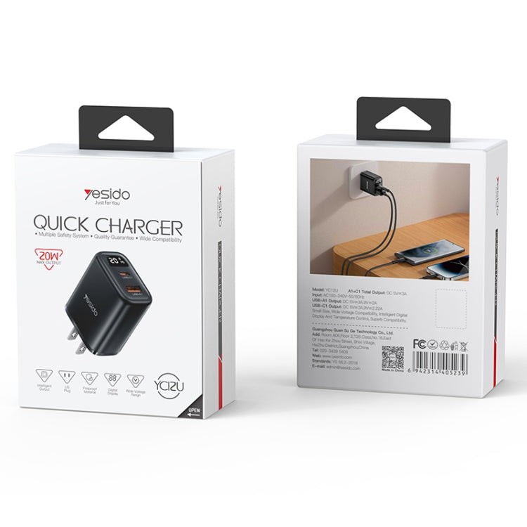 Yesido YC12U 20W USB-C / Type-C + USB Digital Display Charger, Specification:US Plug(Black) - free shipping - PMC TechLife - Order now!