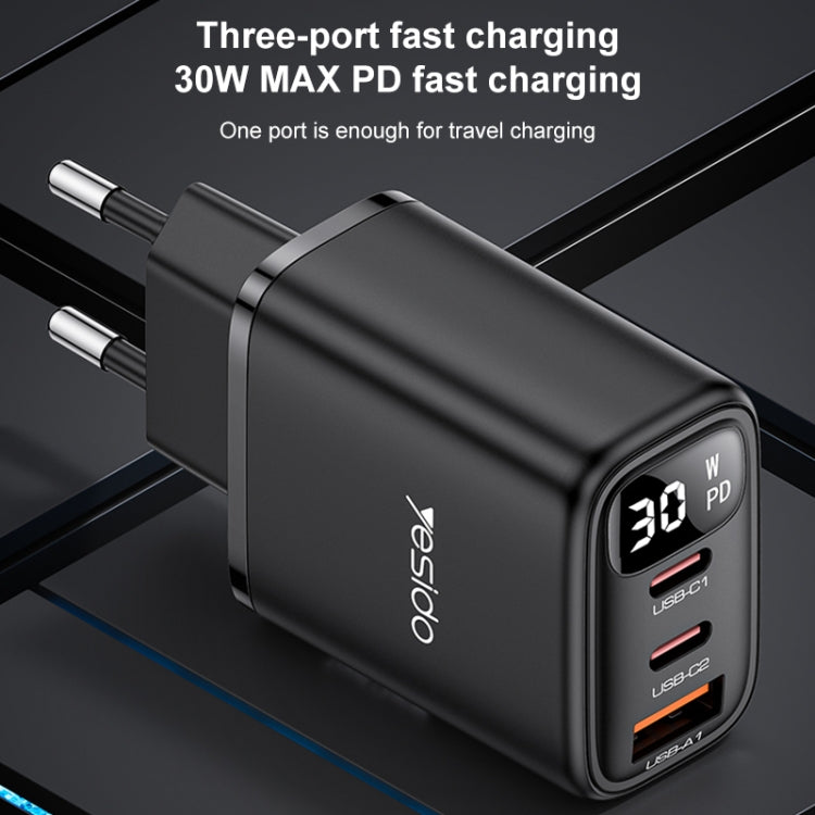Yesido YC69 30W USB + Dual USB-C / Type-C Digital Display Charger, Specification:EU Plug(Black) - free shipping - PMC TechLife - Order now!
