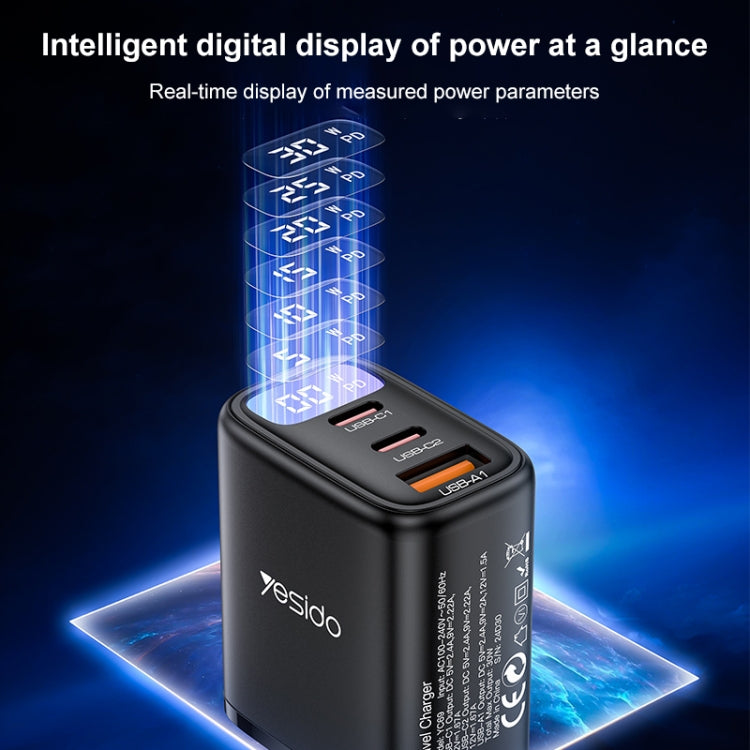 Yesido YC69 30W USB + Dual USB-C / Type-C Digital Display Charger, Specification:EU Plug(Black) - free shipping - PMC TechLife - Order now!