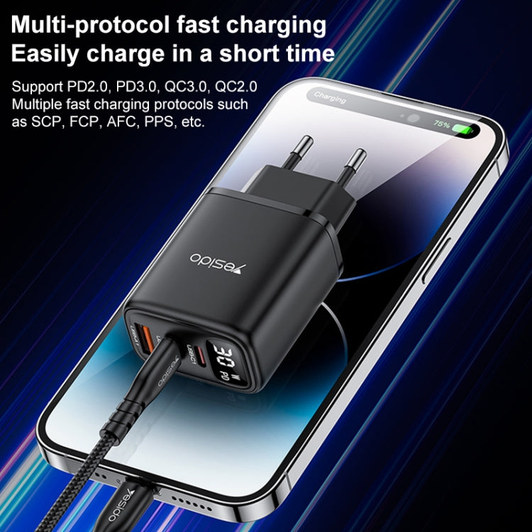Yesido YC69 30W USB + Dual USB-C / Type-C Digital Display Charger, Specification:EU Plug(Black) - free shipping - PMC TechLife - Order now!