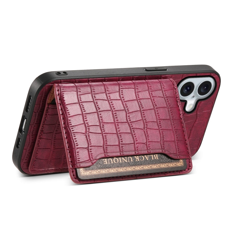 For iPhone 16 Crocodile Texture Card Bag Design Full Coverage Phone Case(Red) - iPhone 16 Cases by PMC TechLife | Online Shopping South Africa | PMC TechLife | Buy Now Pay Later Mobicred