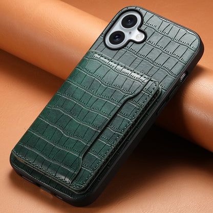 For iPhone 16 Plus Crocodile Texture Card Bag Design Full Coverage Phone Case(Green) - iPhone 16 Plus Cases by PMC Jewellery | Online Shopping South Africa | PMC Jewellery | Buy Now Pay Later Mobicred