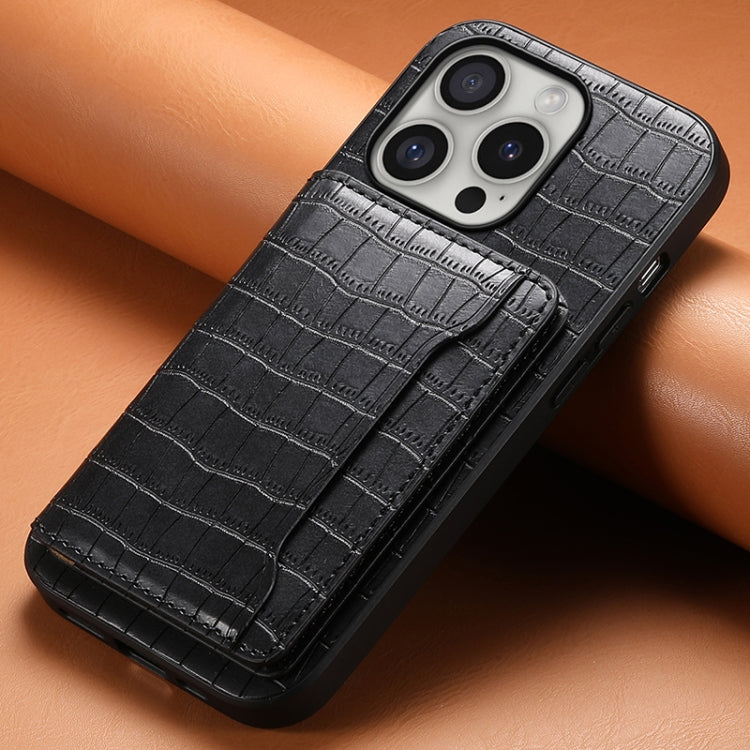 For iPhone 16 Pro Crocodile Texture Card Bag Design Full Coverage Phone Case(Black) - iPhone 16 Pro Cases by PMC TechLife | Online Shopping South Africa | PMC TechLife | Buy Now Pay Later Mobicred