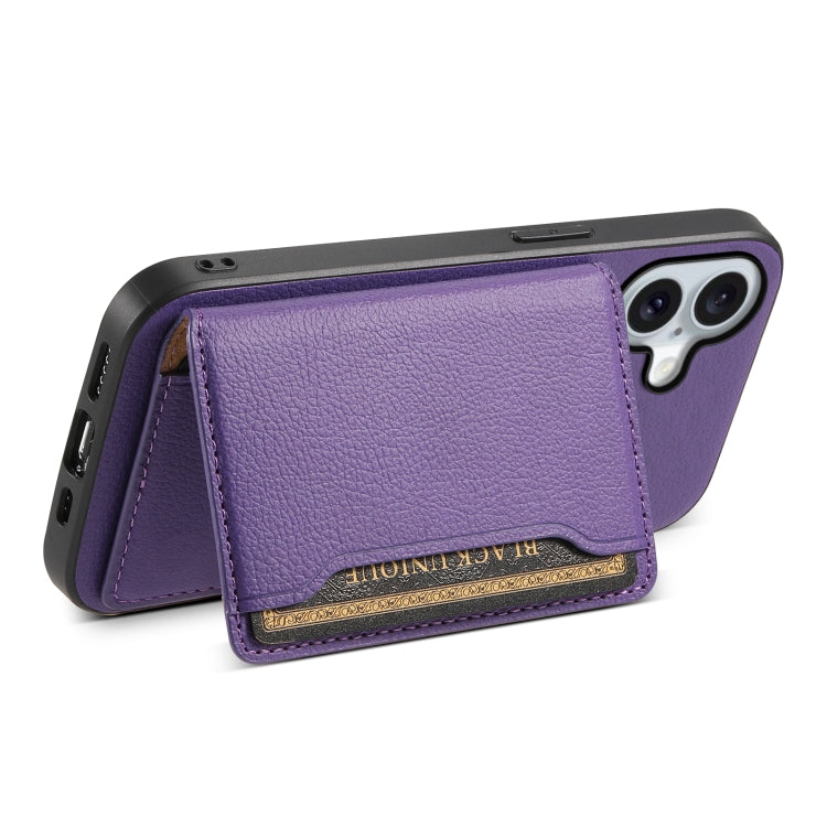 For iPhone 16 Calf Texture Card Bag Design Full Coverage Phone Case(Purple) - iPhone 16 Cases by PMC Jewellery | Online Shopping South Africa | PMC Jewellery | Buy Now Pay Later Mobicred