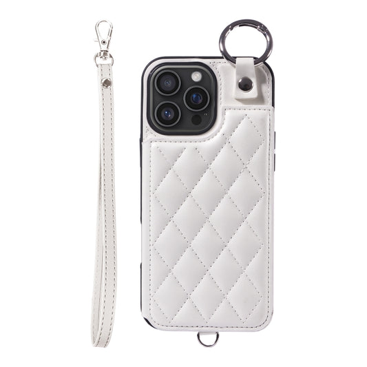 For iPhone 16 Pro Max Rhombic Texture Card Bag Phone Case with Short Lanyard(White) - iPhone 16 Pro Max Cases by PMC Jewellery | Online Shopping South Africa | PMC Jewellery | Buy Now Pay Later Mobicred