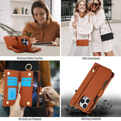 For iPhone 16 Pro Max Crossbody Ring Multifunctional Wallet Leather Phone Case(Brown) - iPhone 16 Pro Max Cases by PMC Jewellery | Online Shopping South Africa | PMC Jewellery | Buy Now Pay Later Mobicred