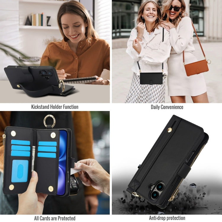 For iPhone 16 Plus Crossbody Ring Multifunctional Wallet Leather Phone Case(Black) - iPhone 16 Plus Cases by PMC Jewellery | Online Shopping South Africa | PMC Jewellery | Buy Now Pay Later Mobicred