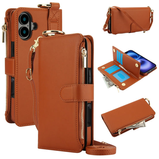 For iPhone 16 Plus Crossbody Ring Multifunctional Wallet Leather Phone Case(Brown) - iPhone 16 Plus Cases by PMC Jewellery | Online Shopping South Africa | PMC Jewellery | Buy Now Pay Later Mobicred