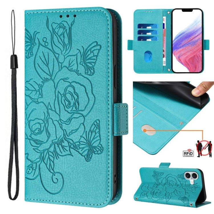 For iPhone 16 Embossed Rose RFID Anti-theft Leather Phone Case(Light Blue) - iPhone 16 Cases by PMC TechLife | Online Shopping South Africa | PMC TechLife | Buy Now Pay Later Mobicred