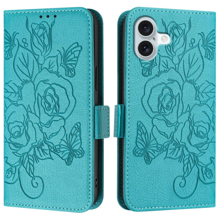 For iPhone 16 Plus Embossed Rose RFID Anti-theft Leather Phone Case(Light Blue) - iPhone 16 Plus Cases by PMC TechLife | Online Shopping South Africa | PMC TechLife | Buy Now Pay Later Mobicred