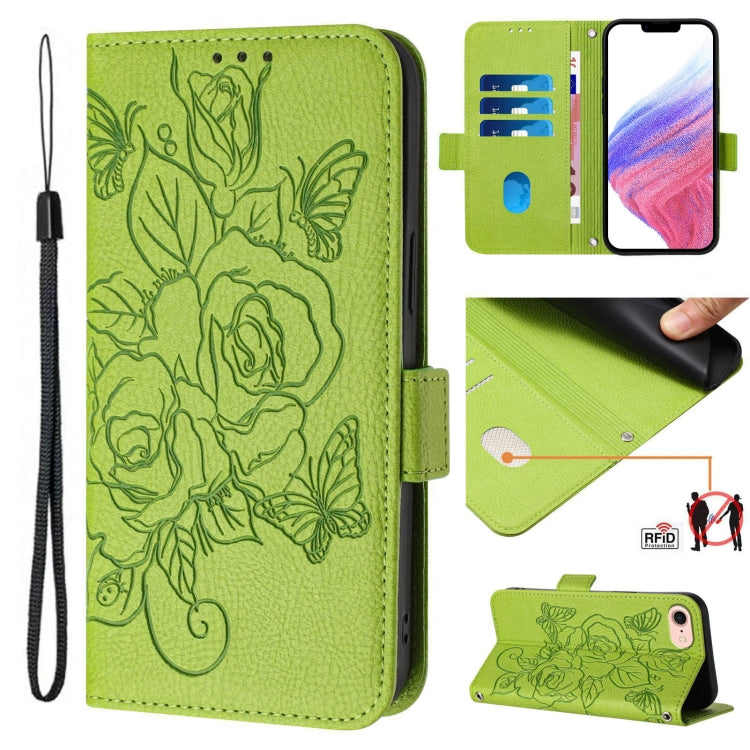 For iPhone SE 2024 Embossed Rose RFID Anti-theft Leather Phone Case(Green) - More iPhone Cases by PMC Jewellery | Online Shopping South Africa | PMC Jewellery | Buy Now Pay Later Mobicred