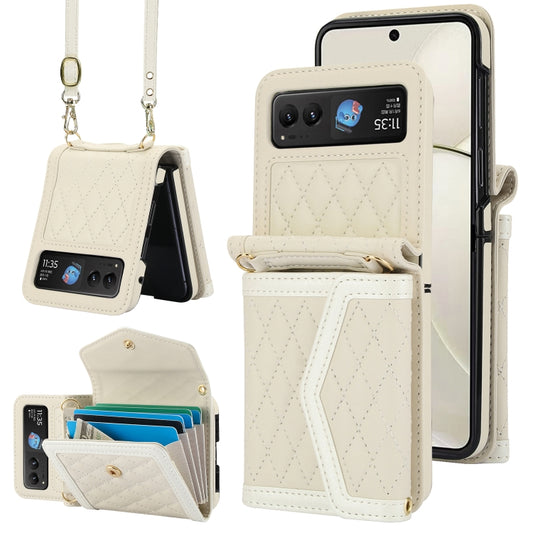 For Motorola Razr 40 Splicing Rhombic Texture Phone Case with Long & Short Lanyard(Beige) - Motorola Cases by PMC Jewellery | Online Shopping South Africa | PMC Jewellery | Buy Now Pay Later Mobicred