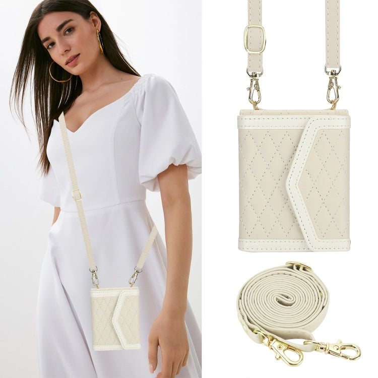 For Motorola Razr 40 Splicing Rhombic Texture Phone Case with Long & Short Lanyard(Beige) - Motorola Cases by PMC TechLife | Online Shopping South Africa | PMC TechLife | Buy Now Pay Later Mobicred