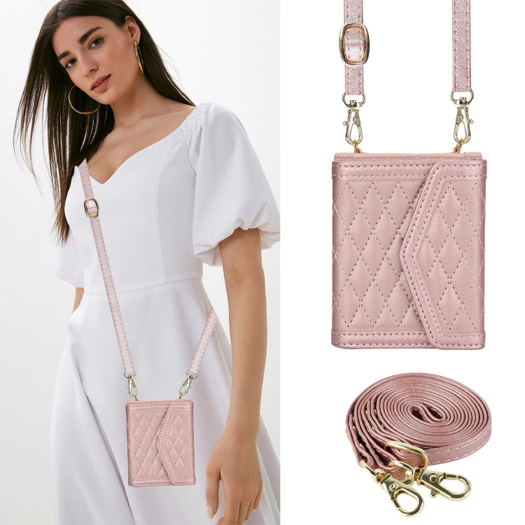 For Motorola Razr 40 Splicing Rhombic Texture Phone Case with Long & Short Lanyard(Rose Gold) - Motorola Cases by PMC TechLife | Online Shopping South Africa | PMC TechLife | Buy Now Pay Later Mobicred