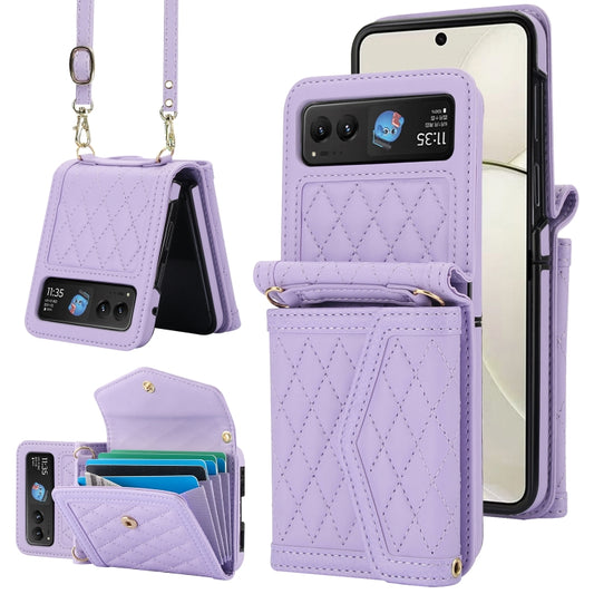 For Motorola Razr 40 Splicing Rhombic Texture Phone Case with Long & Short Lanyard(Purple) - Motorola Cases by PMC Jewellery | Online Shopping South Africa | PMC Jewellery | Buy Now Pay Later Mobicred