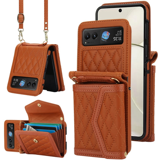 For Motorola Razr 40 Splicing Rhombic Texture Phone Case with Long & Short Lanyard(Brown) - Motorola Cases by PMC Jewellery | Online Shopping South Africa | PMC Jewellery | Buy Now Pay Later Mobicred