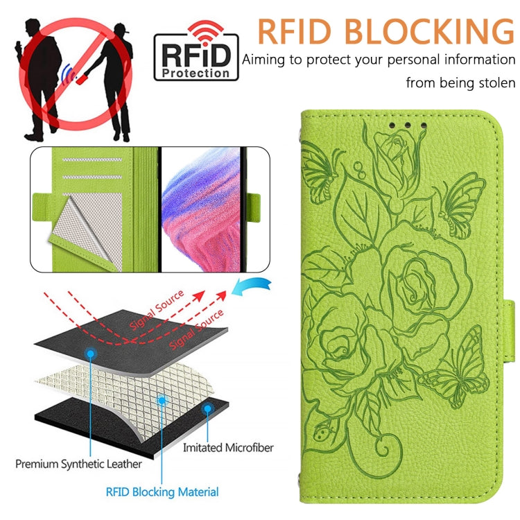For Blackview WAVE 6C Embossed Rose RFID Anti-theft Leather Phone Case(Green) - More Brand by PMC TechLife | Online Shopping South Africa | PMC TechLife | Buy Now Pay Later Mobicred
