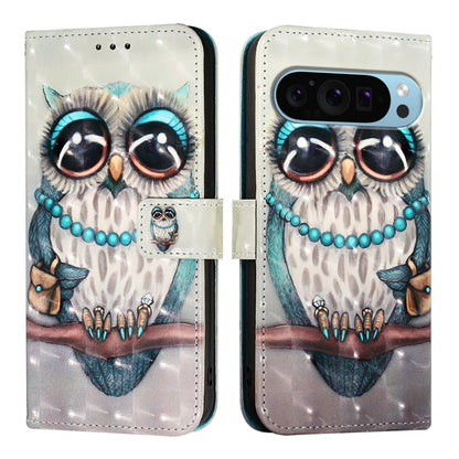 For Google Pixel 9 3D Painting Horizontal Flip Leather Phone Case(Grey Owl) - Google Cases by PMC Jewellery | Online Shopping South Africa | PMC Jewellery | Buy Now Pay Later Mobicred