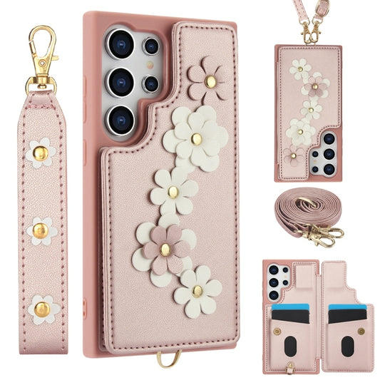 For Samsung Galaxy S25 Ultra 5G Crossbody Flower Pattern Leather Phone Case(Rose Gold) - Galaxy S25 Ultra 5G Cases by PMC Jewellery | Online Shopping South Africa | PMC Jewellery | Buy Now Pay Later Mobicred