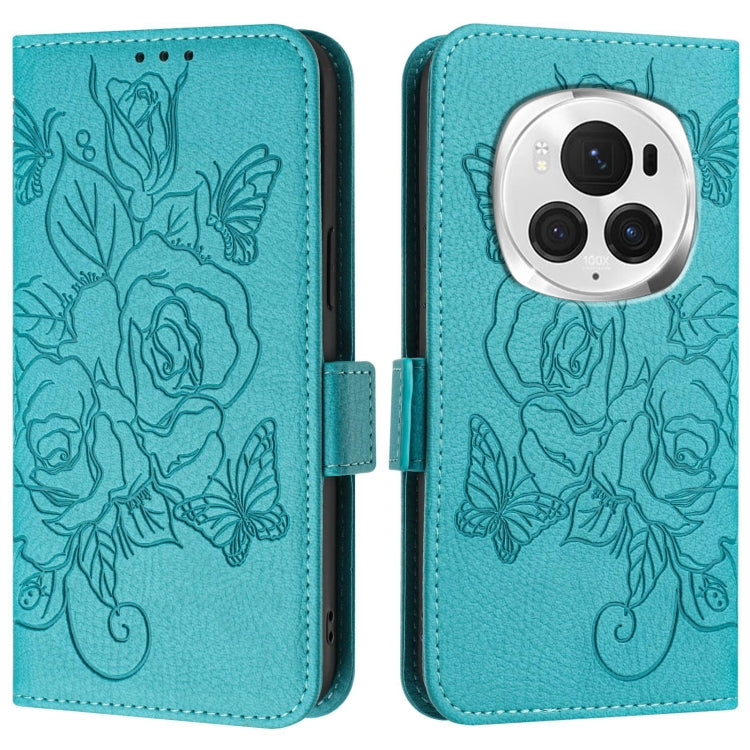 For Honor Magic6 Pro 5G Embossed Rose RFID Anti-theft Leather Phone Case(Light Blue) - Honor Cases by PMC Jewellery | Online Shopping South Africa | PMC Jewellery | Buy Now Pay Later Mobicred