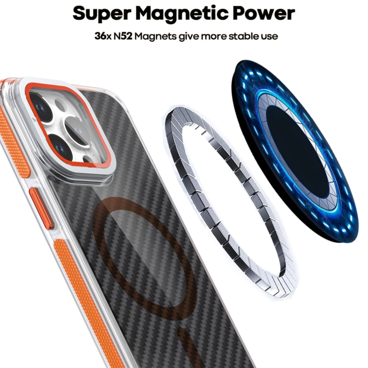 For iPhone 16 Plus Magsafe Dual-Color Carbon Fiber Lens Film Phone Case with Lens Fold Holder(Orange) - iPhone 16 Plus Cases by PMC Jewellery | Online Shopping South Africa | PMC Jewellery | Buy Now Pay Later Mobicred