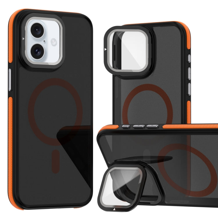 For iPhone 16 Plus Magsafe Dual-Color Skin Feel Lens Film Phone Case with Lens Fold Holder(Orange) - iPhone 16 Plus Cases by PMC Jewellery | Online Shopping South Africa | PMC Jewellery | Buy Now Pay Later Mobicred