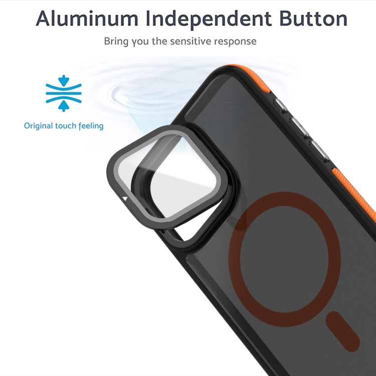 For iPhone 16 Plus Magsafe Dual-Color Skin Feel Lens Film Phone Case with Lens Fold Holder(Orange) - iPhone 16 Plus Cases by PMC Jewellery | Online Shopping South Africa | PMC Jewellery | Buy Now Pay Later Mobicred