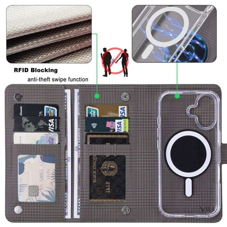 For iPhone 16 ViLi GHA-C Series RFID MagSafe Magnetic Flip Leather Phone Case(Grey) - iPhone 16 Cases by ViLi | Online Shopping South Africa | PMC TechLife | Buy Now Pay Later Mobicred