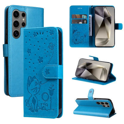 For Samsung Galaxy S25 Ultra 5G Cat and Bee Embossed Flip Leather Phone Case(Blue) - Galaxy S25 Ultra 5G Cases by PMC Jewellery | Online Shopping South Africa | PMC Jewellery | Buy Now Pay Later Mobicred