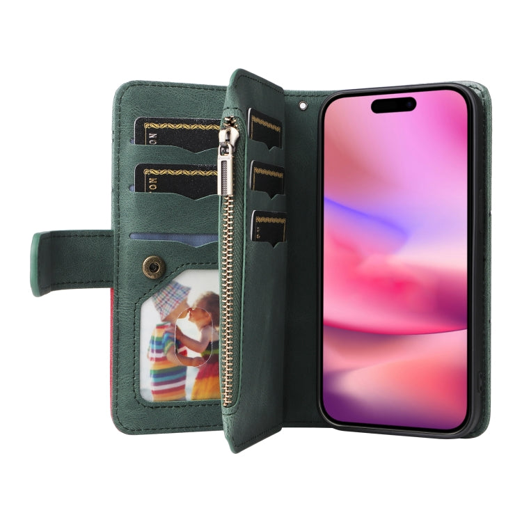 For iPhone 16 Dual-color 9 Card Slots Zipper Wallet Leather Phone Case(Green) - iPhone 16 Cases by PMC TechLife | Online Shopping South Africa | PMC TechLife | Buy Now Pay Later Mobicred