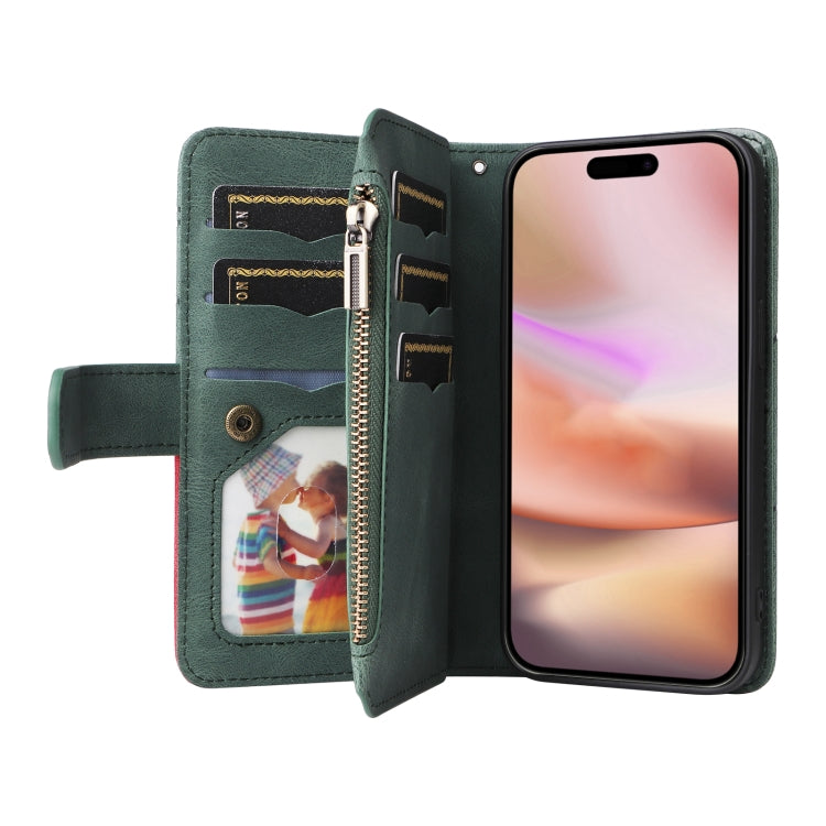 For iPhone 16 Plus Dual-color 9 Card Slots Zipper Wallet Leather Phone Case(Green) - iPhone 16 Plus Cases by PMC Jewellery | Online Shopping South Africa | PMC Jewellery | Buy Now Pay Later Mobicred