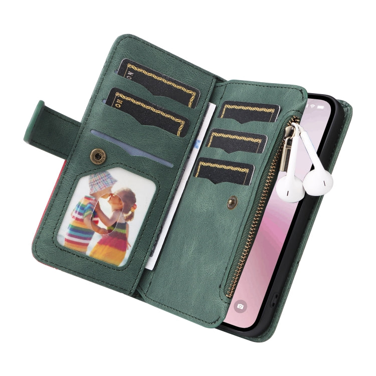 For iPhone 16e Dual-color 9 Card Slots Zipper Wallet Leather Phone Case(Green) - iPhone 16e Cases by PMC TechLife | Online Shopping South Africa | PMC TechLife | Buy Now Pay Later Mobicred