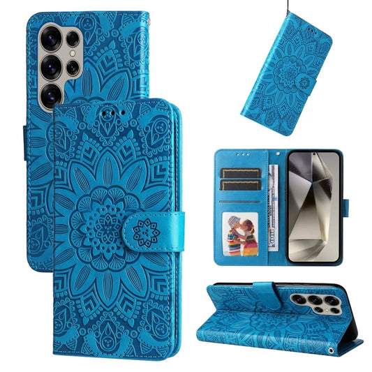 For Samsung Galaxy S25 Ultra 5G Embossed Sunflower Leather Phone Case(Blue) - Galaxy S25 Ultra 5G Cases by PMC Jewellery | Online Shopping South Africa | PMC Jewellery | Buy Now Pay Later Mobicred