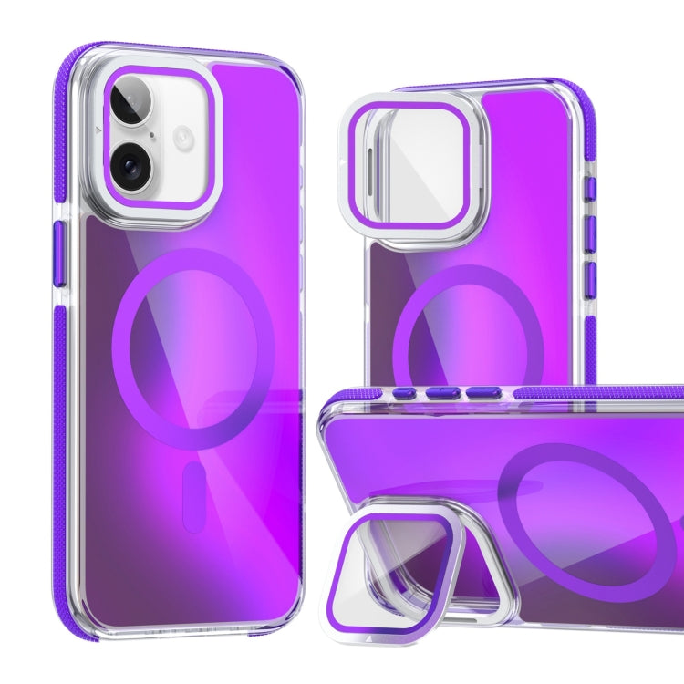 For iPhone 16 MagSafe Gradient Color Lens Film Phone Case with Lens Fold Holder(Purple) - iPhone 16 Cases by PMC TechLife | Online Shopping South Africa | PMC TechLife | Buy Now Pay Later Mobicred