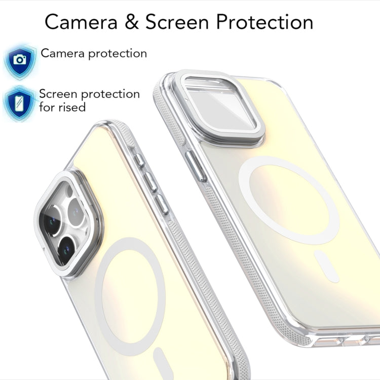 For iPhone 16 MagSafe Gradient Color Lens Film Phone Case with Lens Fold Holder(White) - iPhone 16 Cases by PMC TechLife | Online Shopping South Africa | PMC TechLife | Buy Now Pay Later Mobicred