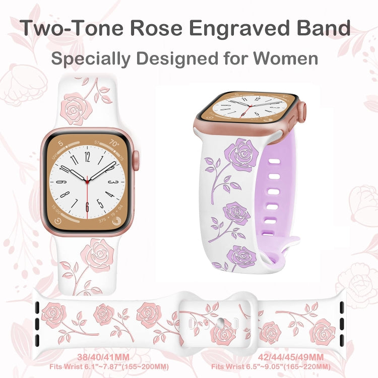 For Apple Watch SE 44mm Two-color Rose Engraved Silicone Watch Band(White Pink) - free shipping - PMc TechLife - Order now!