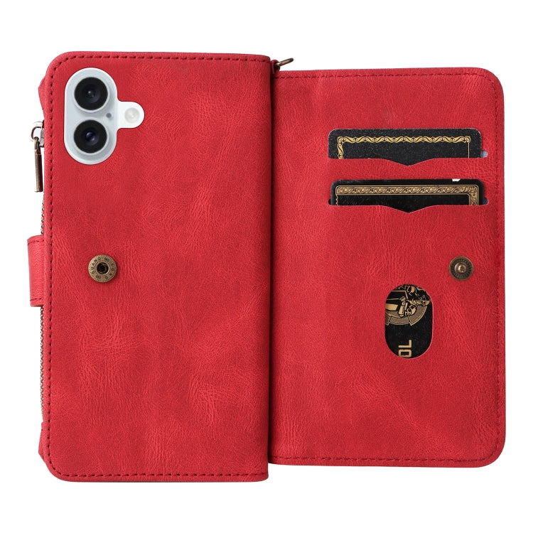 For iPhone 16 Plus Skin Feel Multi Card Slots Zipper Wallet Leather Phone Case(Red) - iPhone 16 Plus Cases by PMC TechLife | Online Shopping South Africa | PMC TechLife | Buy Now Pay Later Mobicred