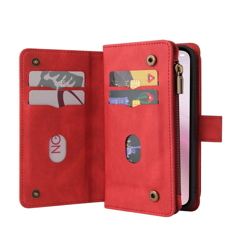 For iPhone 16e Skin Feel Multi Card Slots Zipper Wallet Leather Phone Case(Red) - iPhone 16e Cases by PMC TechLife | Online Shopping South Africa | PMC TechLife | Buy Now Pay Later Mobicred