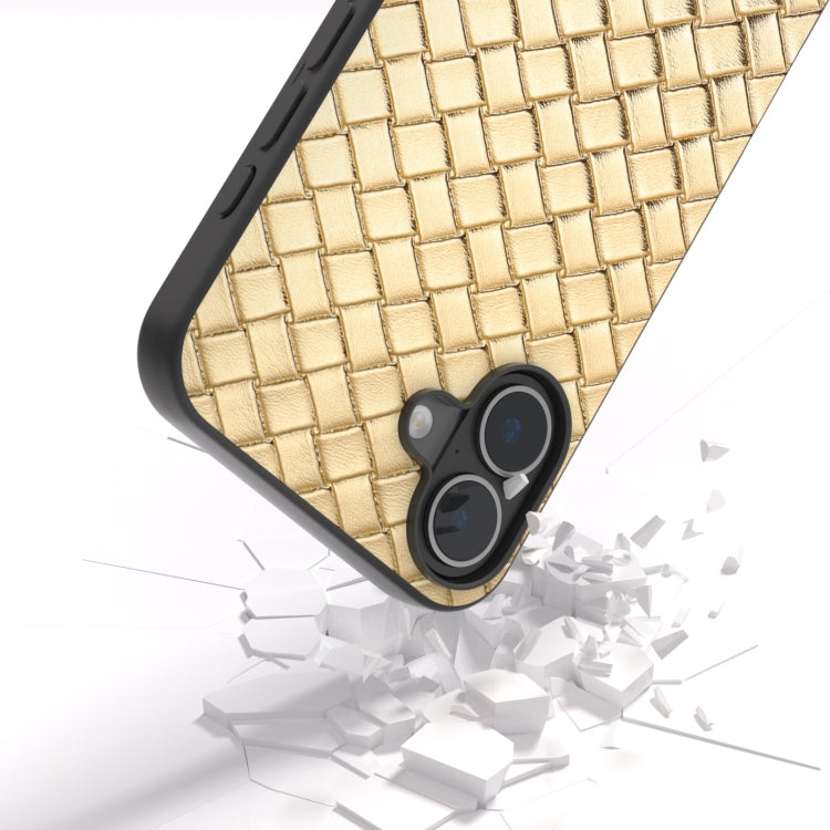 For iPhone 16 Black Frame Woven Texture PU Phone Case(Gold) - iPhone 16 Cases by PMC Jewellery | Online Shopping South Africa | PMC Jewellery | Buy Now Pay Later Mobicred