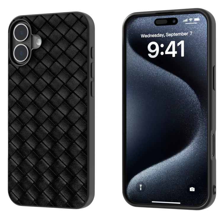 For iPhone 16 Plus Black Frame Woven Texture PU Phone Case(Black) - iPhone 16 Plus Cases by PMC TechLife | Online Shopping South Africa | PMC TechLife | Buy Now Pay Later Mobicred