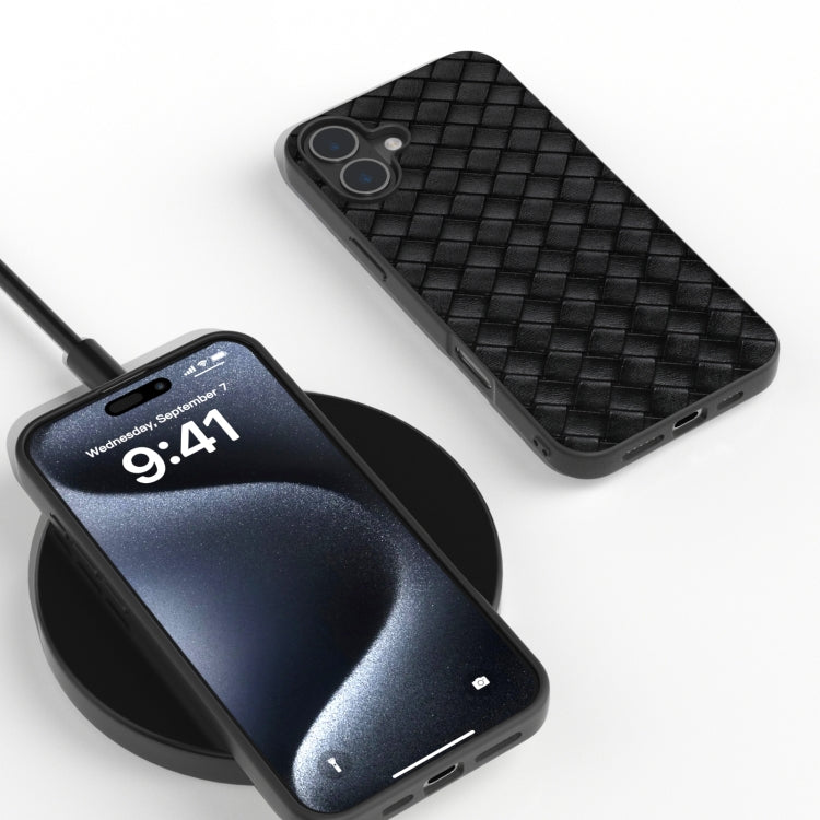 For iPhone 16 Plus Black Frame Woven Texture PU Phone Case(Black) - iPhone 16 Plus Cases by PMC TechLife | Online Shopping South Africa | PMC TechLife | Buy Now Pay Later Mobicred