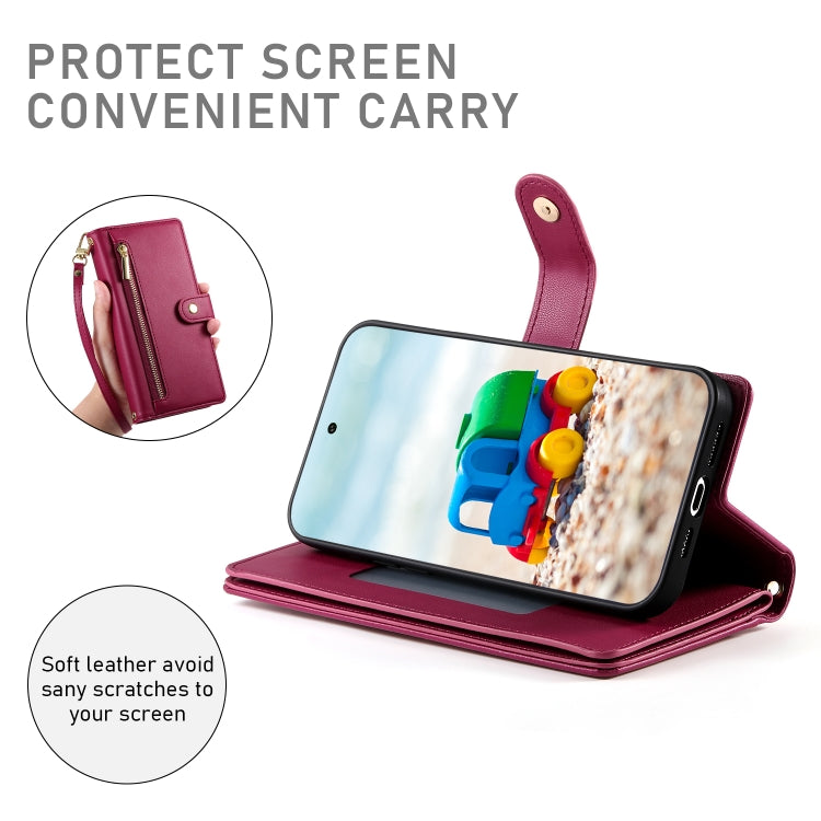 For Google Pixel 9 / 9 Pro Nine Card-slot Zipper Wallet Bag Leather Phone Case(Red) - Google Cases by PMC TechLife | Online Shopping South Africa | PMC TechLife | Buy Now Pay Later Mobicred