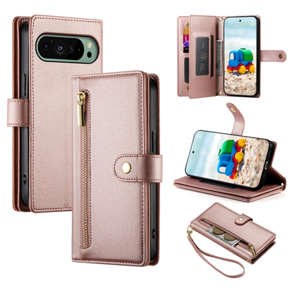 For Google Pixel 9 / 9 Pro Nine Card-slot Zipper Wallet Bag Leather Phone Case(Pink) - Google Cases by PMC Jewellery | Online Shopping South Africa | PMC Jewellery | Buy Now Pay Later Mobicred