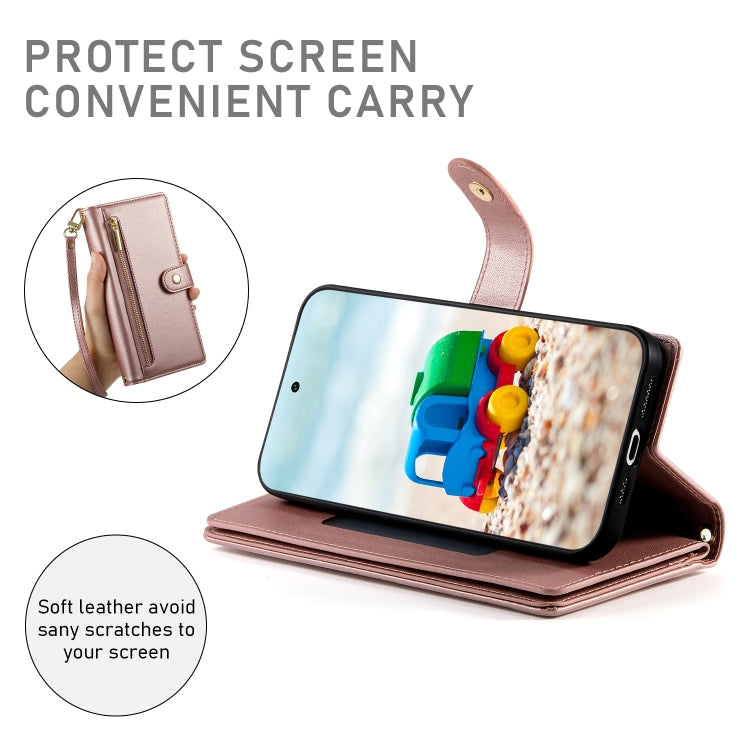 For Google Pixel 9 / 9 Pro Nine Card-slot Zipper Wallet Bag Leather Phone Case(Pink) - Google Cases by PMC Jewellery | Online Shopping South Africa | PMC Jewellery | Buy Now Pay Later Mobicred